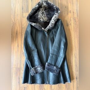Danier Black Leather Coat with Gray Faux Fur Trim